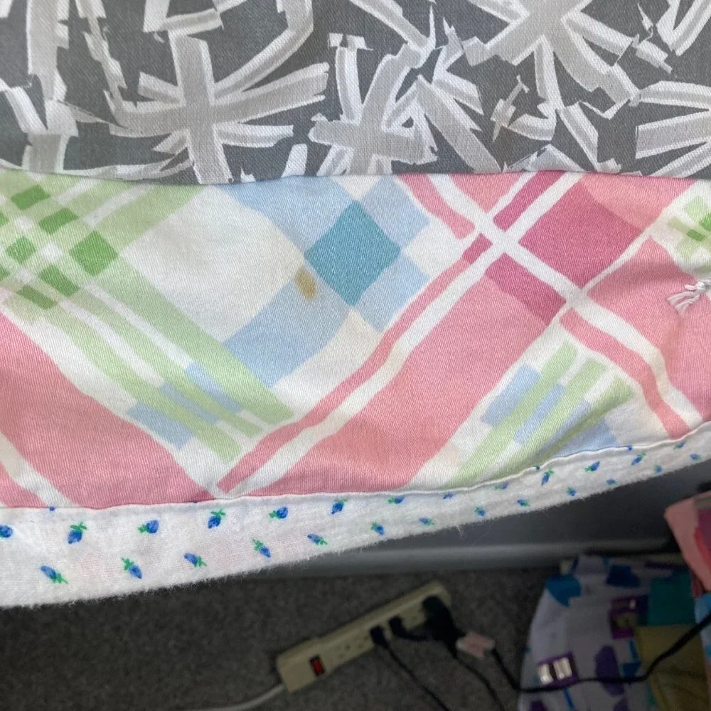 Handmade Hand Tied Baby Quilt Large Multicolored Stripes White Blue Rose Flannel